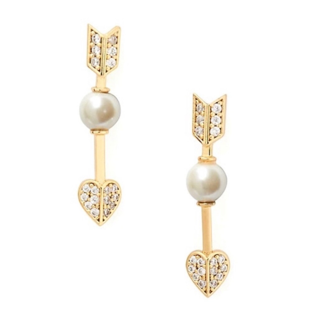 Kate Spade Love Game Ear Pin Earrings Gold Heart Arrow Pearl NWT and Dust Bag